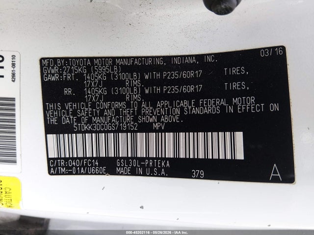5TDKK3DC0GS719152 Toyota Sienna Le 8 Passenger