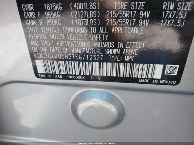 2019 Honda Hr-v Lx მანქანა იყიდება აუქციონზე, vin: 3CZRU5H37KG712327, აუქციონის ნომერი: 45202120