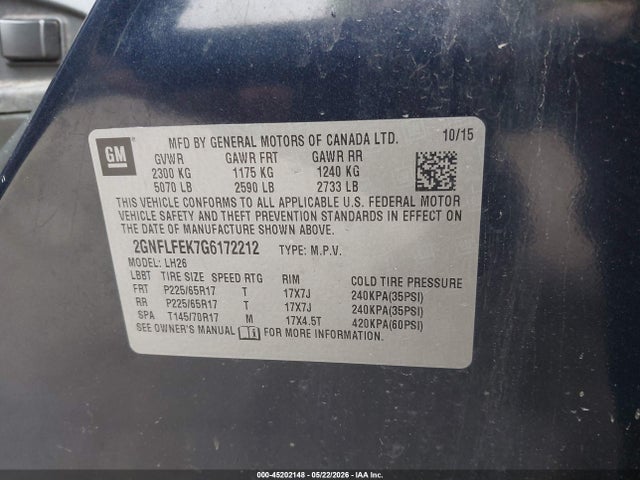 Aukcja sprzedaży 2016 Chevrolet Equinox Lt, vin: 2GNFLFEK7G6172212, numer aukcji: 45202148