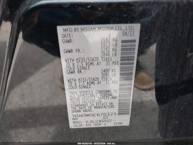 45202163 :رقم المزاد ، 5N1AR2MM7DC670325 vin ، 2013 Nissan Pathfinder Platinum مزاد بيع