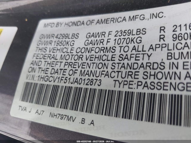 1HGCV1F51JA012873 Honda Accord Ex-l