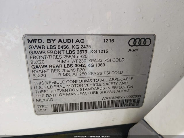 Продаж на аукціоні авто 2018 Audi Q5, vin: WA1BNAFY5J2002680, номер лоту: 45202167