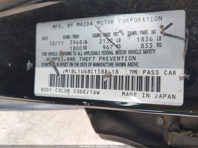 Aukcja sprzedaży 2012 Mazda Mazda3 I Sport, vin: JM1BL1UG8C1588418, numer aukcji: 45202168