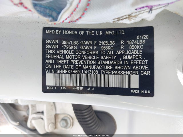 45202177 :رقم المزاد ، SHHFK7H69LU413108 vin ، 2020 Honda Civic Ex مزاد بيع