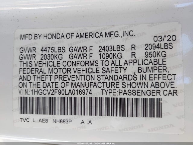 Aukcja sprzedaży 2020 Honda Accord Touring, vin: 1HGCV2F90LA016974, numer aukcji: 45202192