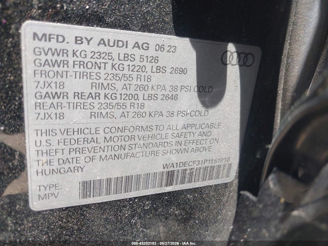 45202193 :رقم المزاد ، WA1DECF31P1151918 vin ، 2023 Audi Q3 Premium 45 Tfsi S Line Quattro Tiptronic مزاد بيع