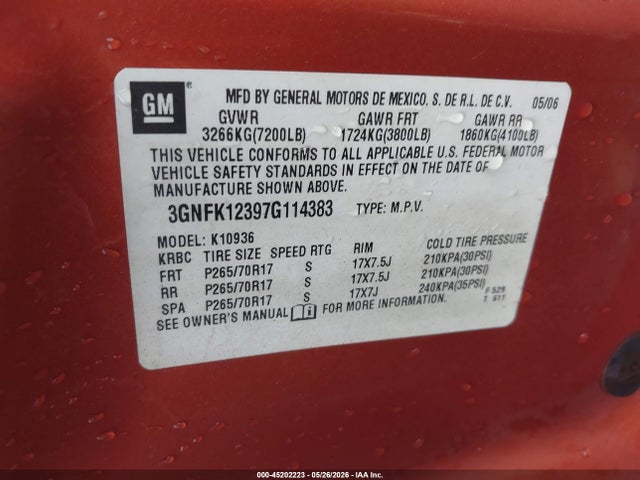 Продаж на аукціоні авто 2007 Chevrolet Avalanche 1500 Lt, vin: 3GNFK12397G114383, номер лоту: 45202223