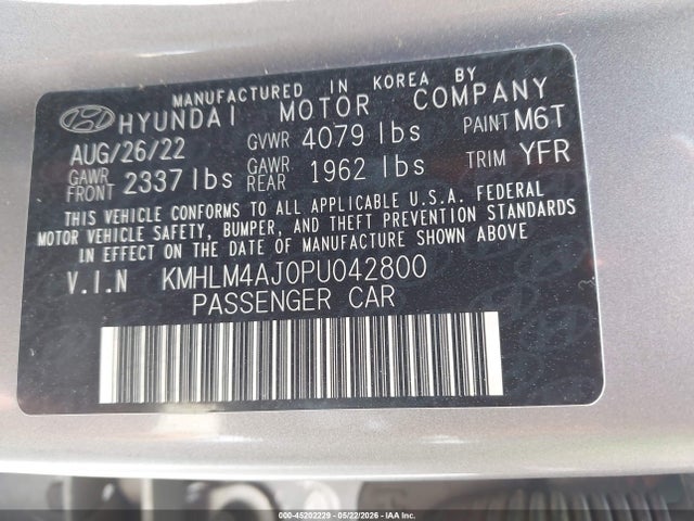 45202229 :رقم المزاد ، KMHLM4AJ0PU042800 vin ، 2023 Hyundai Elantra Hybrid Blue مزاد بيع