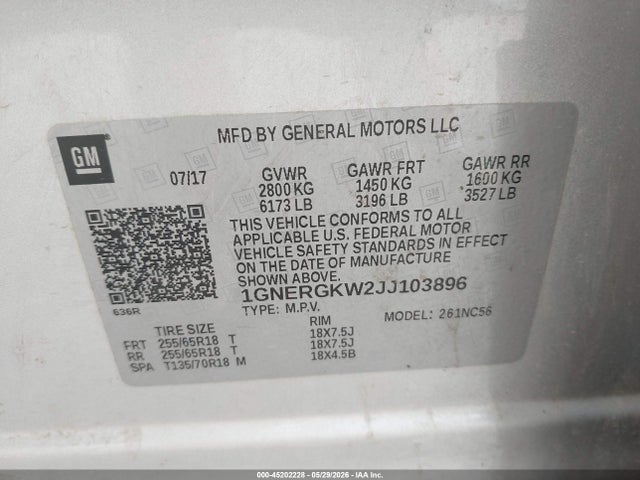 Chevrolet Traverse 1lt 2018 1GNERGKW2JJ103896 Image 9