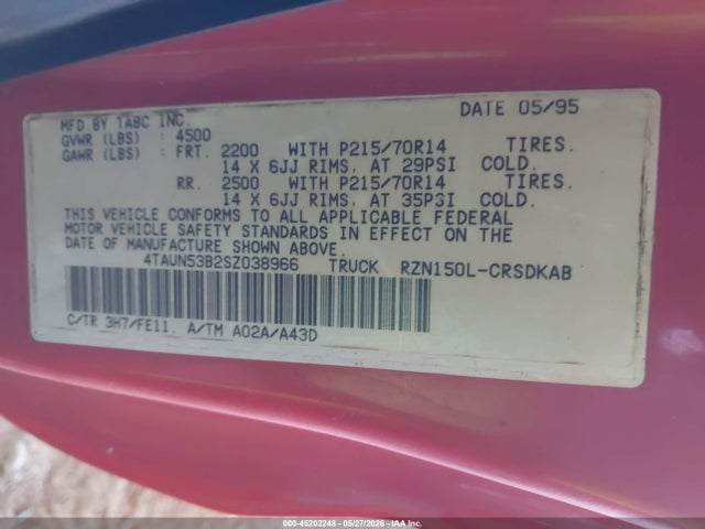 45202248 :رقم المزاد ، 4TAUN53B2SZ038966 vin ، 1995 Toyota Tacoma Xtracab مزاد بيع