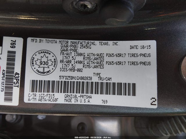 5TFDZ5BN1GX002838 Toyota Tacoma Sr5