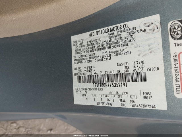 45202253 :رقم المزاد ، 1ZVFT80N775352191 vin ، 2007 Ford Mustang V6 Deluxe/v6 Premium مزاد بيع
