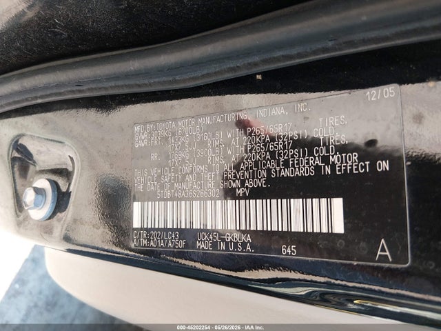 Aukcja sprzedaży 2006 Toyota Sequoia Limited V8, vin: 5TDBT48A36S266302, numer aukcji: 45202254