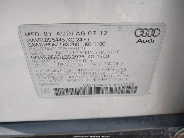 45202255 :رقم المزاد ، WA1LFAFP7CA132073 vin ، 2012 Audi Q5 2.0t Premium مزاد بيع