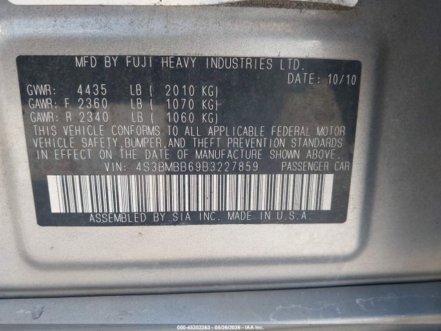 45202263 :رقم المزاد ، 4S3BMBB69B3227859 vin ، 2011 Subaru Legacy 2.5i Premium مزاد بيع