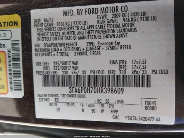 45202264 :رقم المزاد ، 3FA6P0H70HR398609 vin ، 2017 Ford Fusion Se مزاد بيع