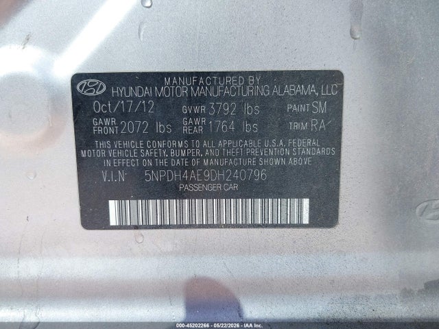 Продаж на аукціоні авто 2013 Hyundai Elantra Gls, vin: 5NPDH4AE9DH240796, номер лоту: 45202266