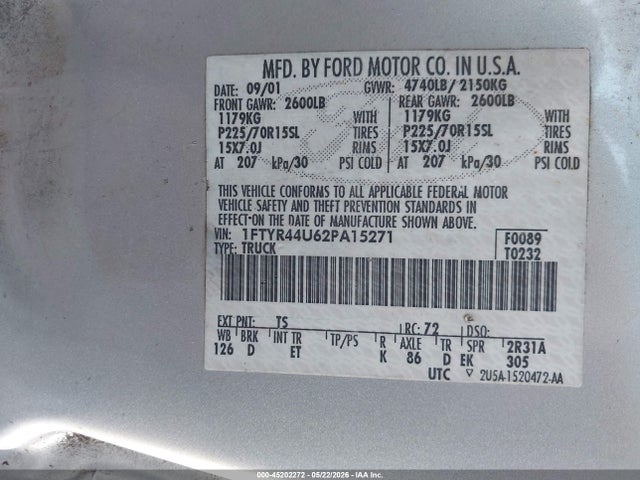 Aukcja sprzedaży 2002 Ford Ranger Edge/tremor/xlt, vin: 1FTYR44U62PA15271, numer aukcji: 45202272