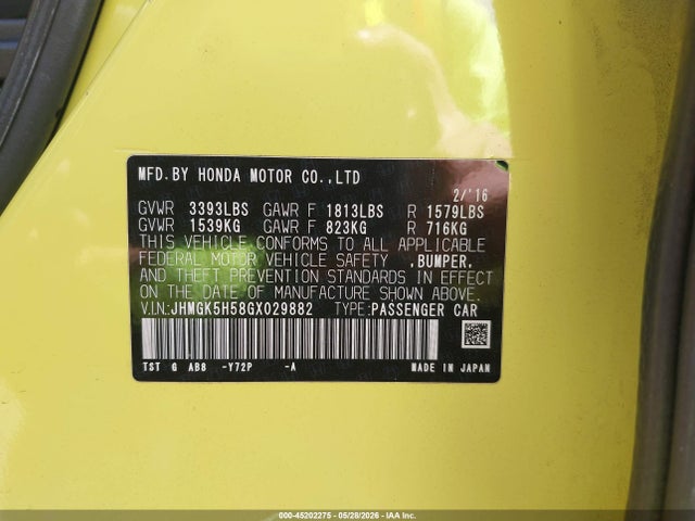 45202275 :رقم المزاد ، JHMGK5H58GX029882 vin ، 2016 Honda Fit Lx مزاد بيع