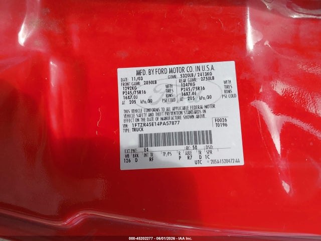 45202277 :رقم المزاد ، 1FTZR45E14PA57877 vin ، 2004 Ford Ranger Edge/tremor/xlt مزاد بيع
