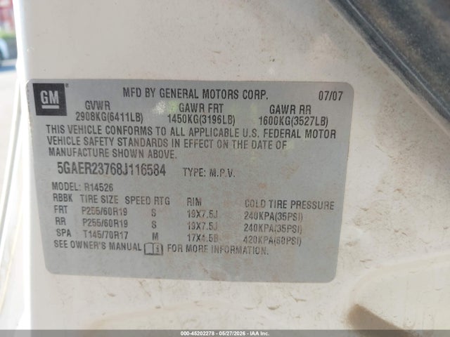 2008 Buick Enclave Cxl მანქანა იყიდება აუქციონზე, vin: 5GAER23768J116584, აუქციონის ნომერი: 45202278