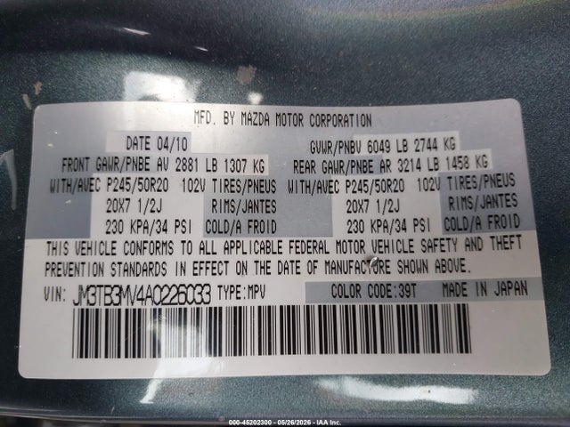 Aukcja sprzedaży 2010 Mazda Cx-9 Grand Touring, vin: JM3TB3MV4A0226033, numer aukcji: 45202300