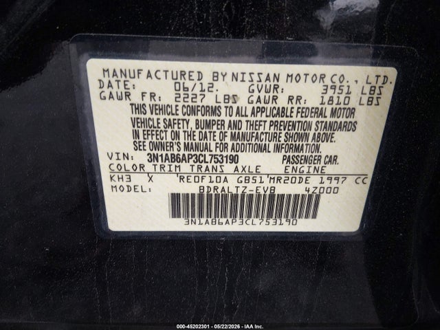 Aukcja sprzedaży 2012 Nissan Sentra 2.0 Sr, vin: 3N1AB6AP3CL753190, numer aukcji: 45202301