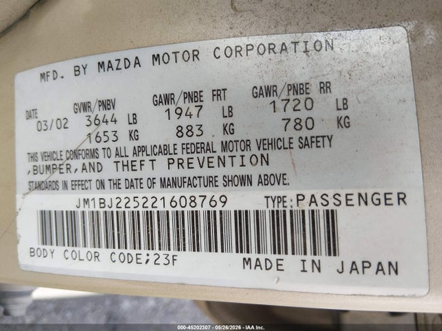 2002 Mazda Protege Dx/es/lx მანქანა იყიდება აუქციონზე, vin: JM1BJ225221608769, აუქციონის ნომერი: 45202307