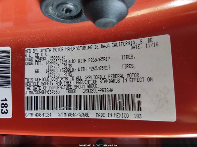 Aukcja sprzedaży 2017 Toyota Tacoma Trd Sport, vin: 3TMAZ5CN8HM034565, numer aukcji: 45202312