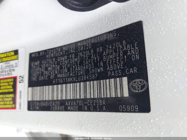 Продажа на аукционе авто 2020 Toyota Camry Se, vin: 4T1G11AKXLU384587, номер лота: 45202319