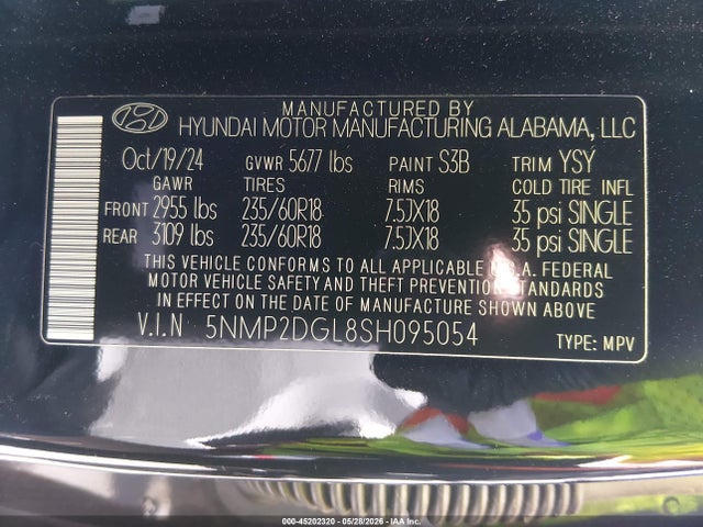 Aukcja sprzedaży 2025 Hyundai Santa Fe Sel, vin: 5NMP2DGL8SH095054, numer aukcji: 45202320