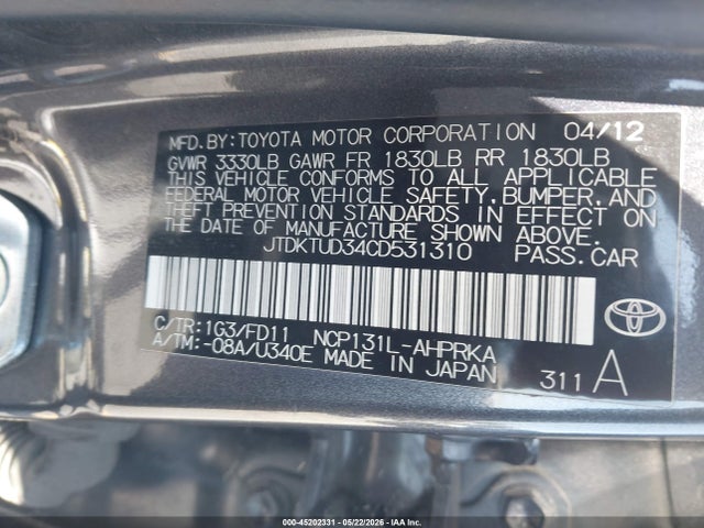 Aukcja sprzedaży 2012 Toyota Yaris Se, vin: JTDKTUD34CD531310, numer aukcji: 45202331