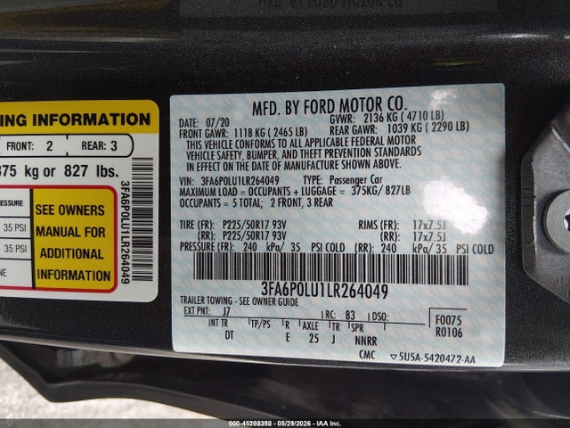 45202352 :رقم المزاد ، 3FA6P0LU1LR264049 vin ، 2020 Ford Fusion Hybrid Se مزاد بيع
