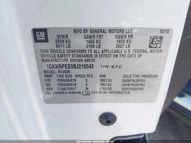 Aukcja sprzedaży 2011 Gmc Acadia Sle, vin: 1GKKRPED3BJ216543, numer aukcji: 45202362
