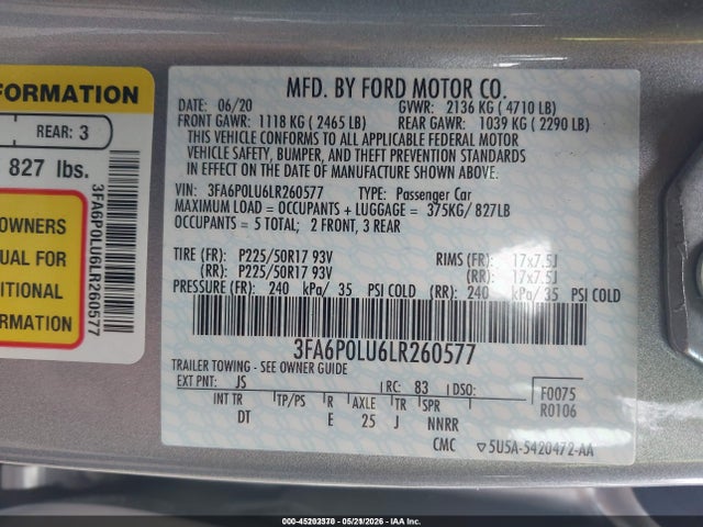 45202370 :رقم المزاد ، 3FA6P0LU6LR260577 vin ، 2020 Ford Fusion Hybrid Se مزاد بيع