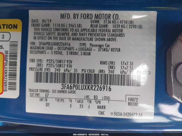 Aukcja sprzedaży 2019 Ford Fusion Hybrid Se, vin: 3FA6P0LUXKR226916, numer aukcji: 45202372