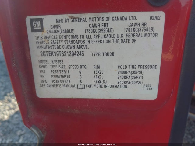 45202395 :رقم المزاد ، 2GTEK19T321294245 vin ، 2002 Gmc Sierra 1500 Sle مزاد بيع