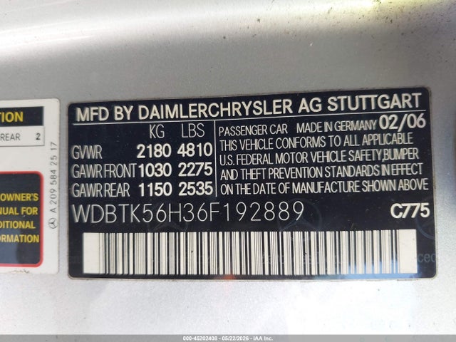 Aukcja sprzedaży 2006 Mercedes-benz Clk 350, vin: WDBTK56H36F192889, numer aukcji: 45202408