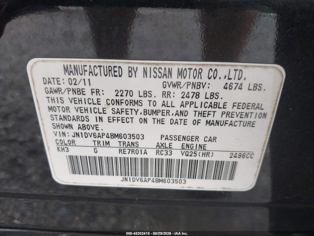 Aukcja sprzedaży 2011 Infiniti G25, vin: JN1DV6AP4BM603503, numer aukcji: 45202415