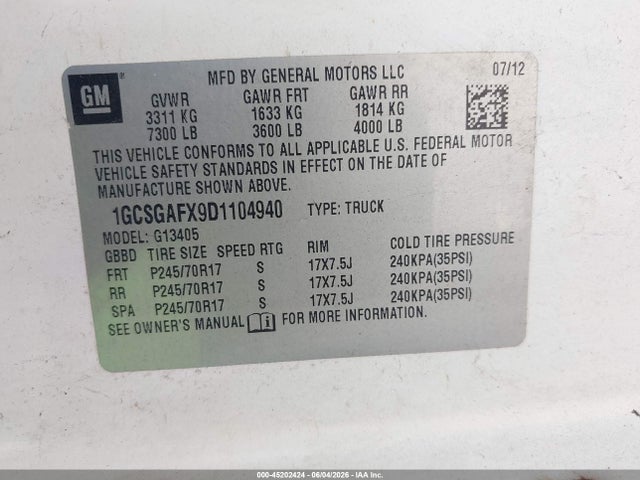 Продаж на аукціоні авто 2013 Chevrolet Express 1500 Work Van, vin: 1GCSGAFX9D1104940, номер лоту: 45202424