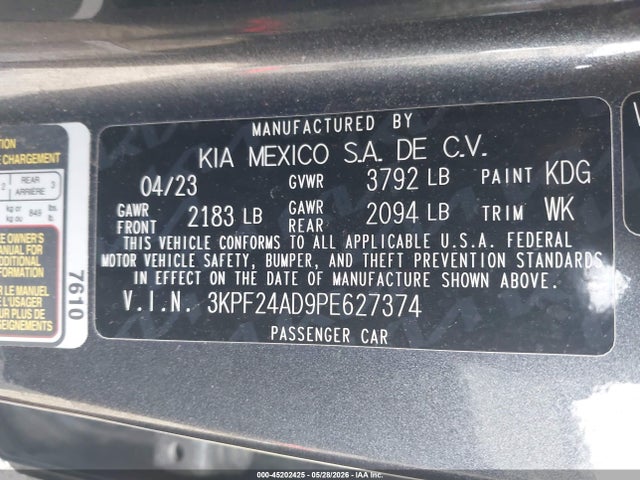 Продажа на аукционе авто 2023 Kia Forte Lxs, vin: 3KPF24AD9PE627374, номер лота: 45202425