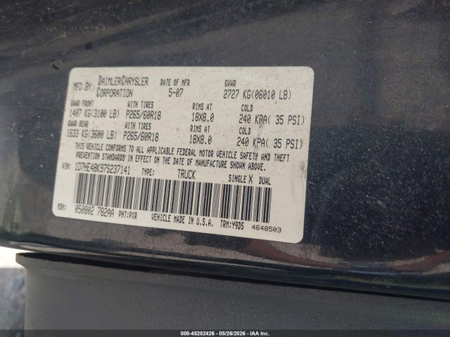 Aukcja sprzedaży 2007 Dodge Dakota Slt, vin: 1D7HE48K97S237141, numer aukcji: 45202426