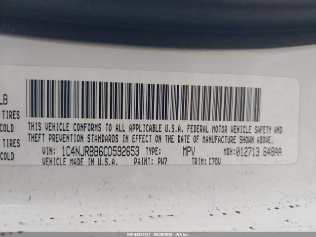 Продаж на аукціоні авто 2012 Jeep Patriot Sport, vin: 1C4NJRBB6CD592653, номер лоту: 45202437
