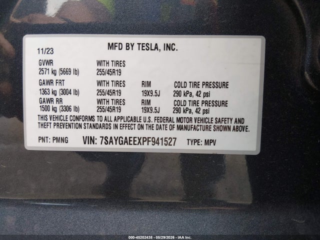 45202438 :رقم المزاد ، 7SAYGAEEXPF941527 vin ، 2023 Tesla Model Y مزاد بيع