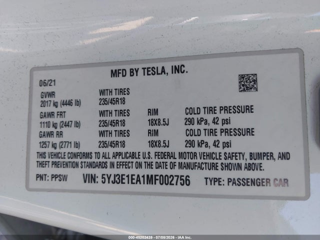 Tesla Model 3 Standard Range Plus Rear-wheel Drive 2021 5YJ3E1EA1MF002756 Image 9
