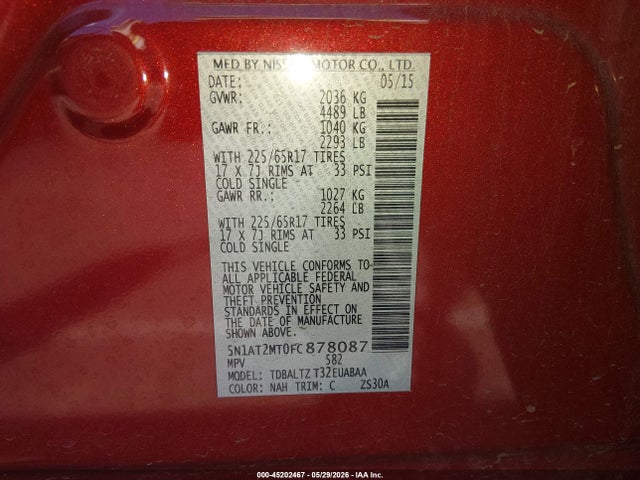 Nissan ROGUE SV 2015 5N1AT2MT0FC878087 Image 9