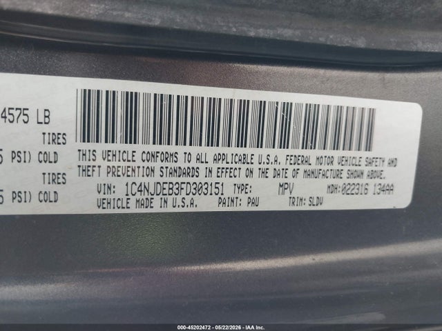 Продажа на аукционе авто 2015 Jeep Compass High Altitude Edition, vin: 1C4NJDEB3FD303151, номер лота: 45202472