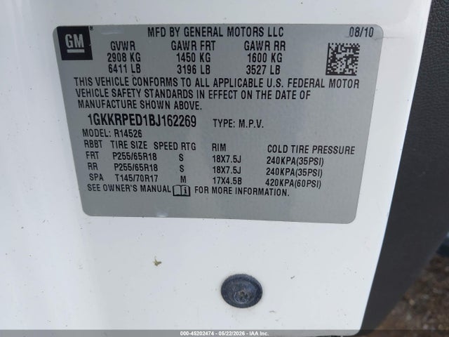 Продажа на аукционе авто 2011 Gmc Acadia Sle, vin: 1GKKRPED1BJ162269, номер лота: 45202474