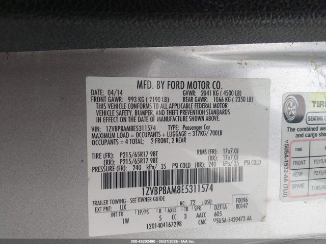 Aukcja sprzedaży 2014 Ford Mustang V6, vin: 1ZVBP8AM8E5311574, numer aukcji: 45202480