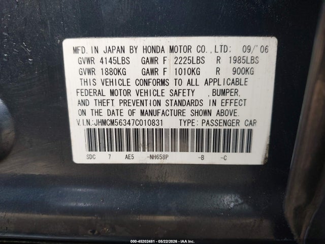 Aukcja sprzedaży 2007 Honda Accord 2.4 Se, vin: JHMCM56347C010831, numer aukcji: 45202481